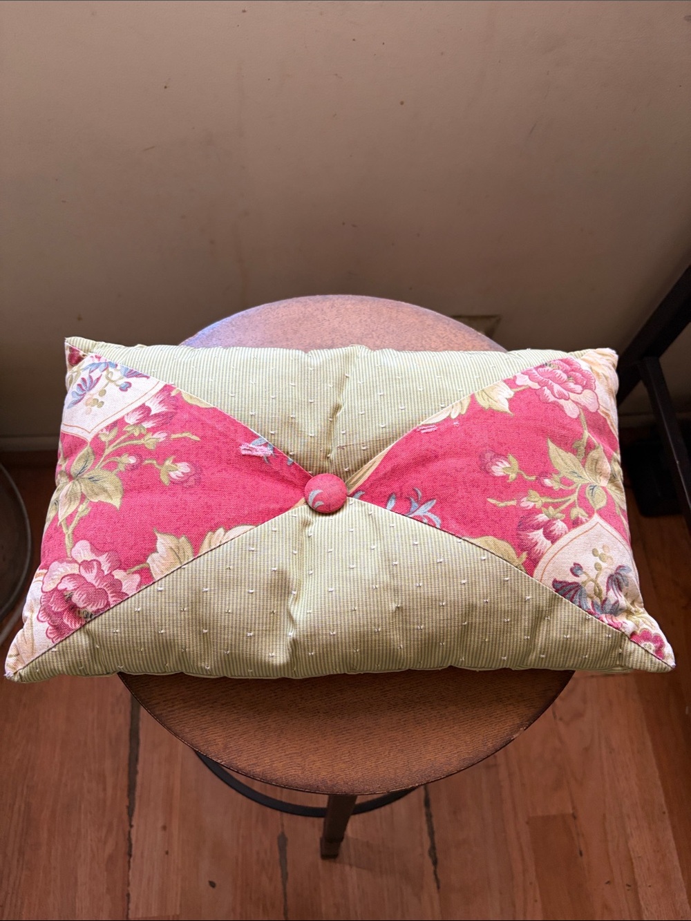 Green and Pink Floral Tufted Decorative Pillow